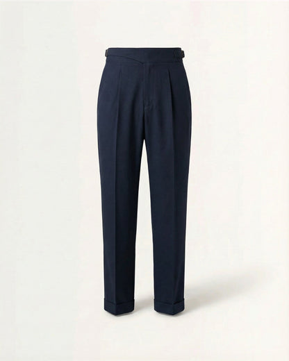 Men's navy blue gurkha waistband double pleated cotton trousers