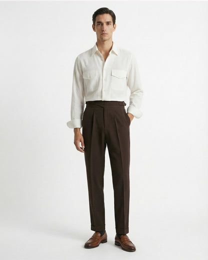 Men's brown gurkha waistband double pleated cotton trousers
