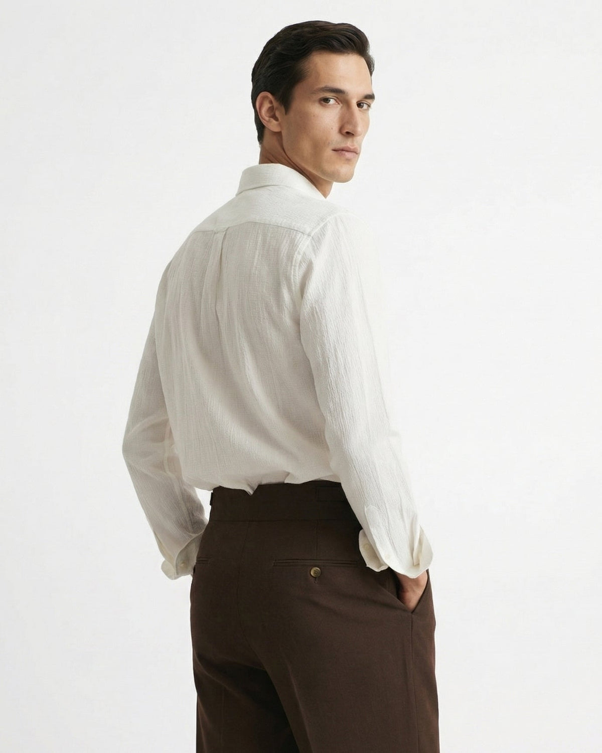 Men's brown gurkha waistband double pleated cotton trousers