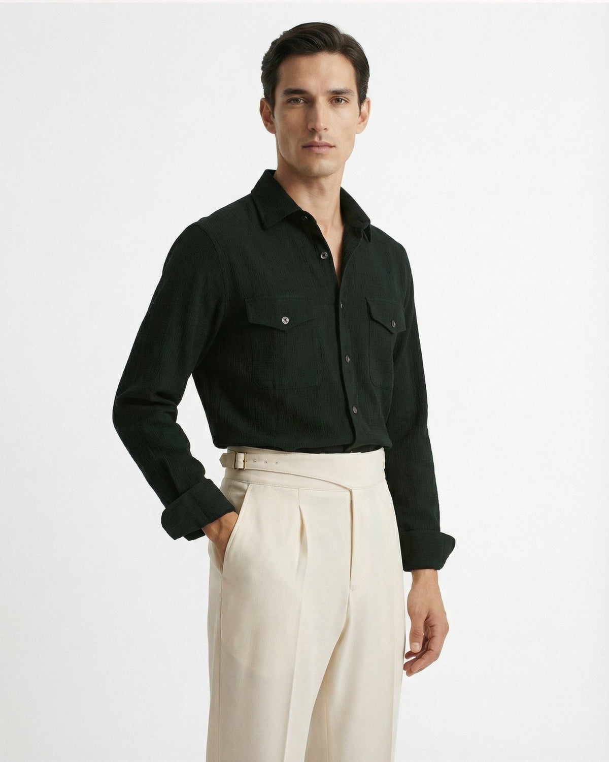 Off-white Gurkha waistband double pleated trousers worn with black button down shirt