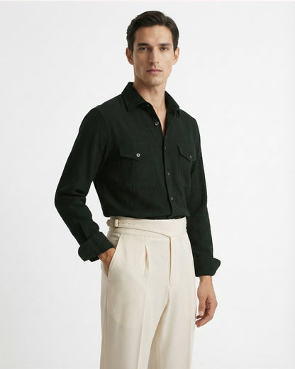 Off-white Gurkha waistband double pleated trousers worn with black button down shirt