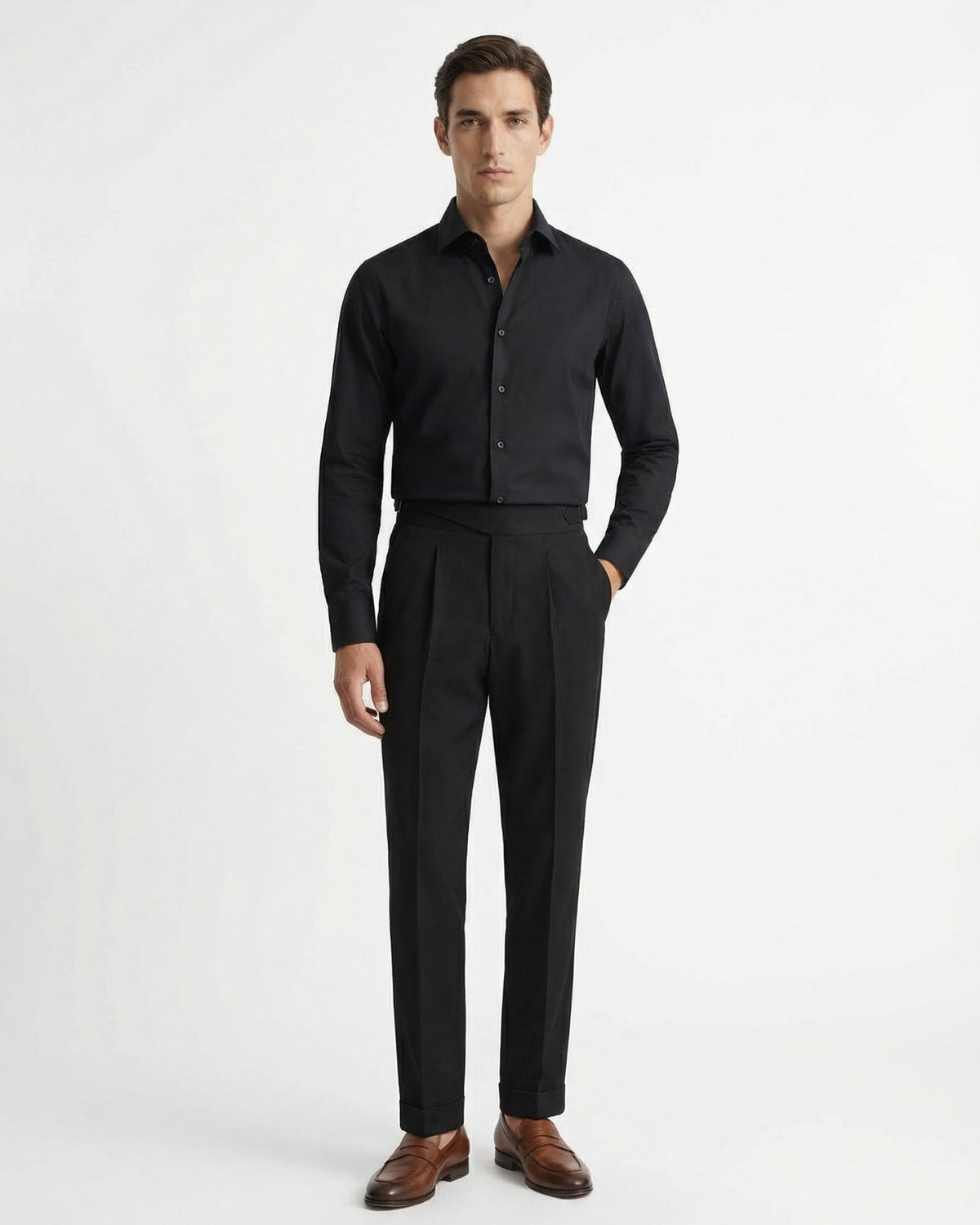 Men's black gurkha waistband double pleated cotton trousers