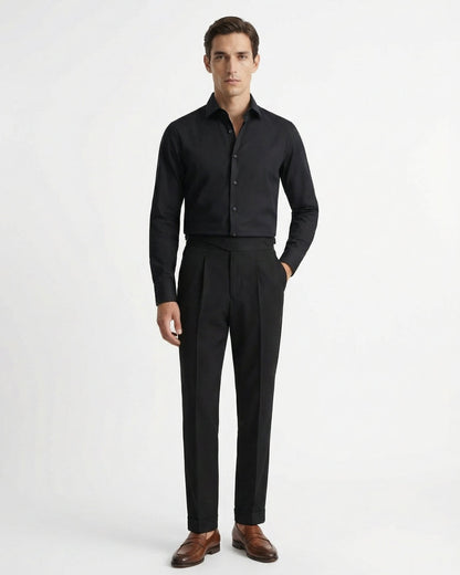 Men's black gurkha waistband double pleated cotton trousers