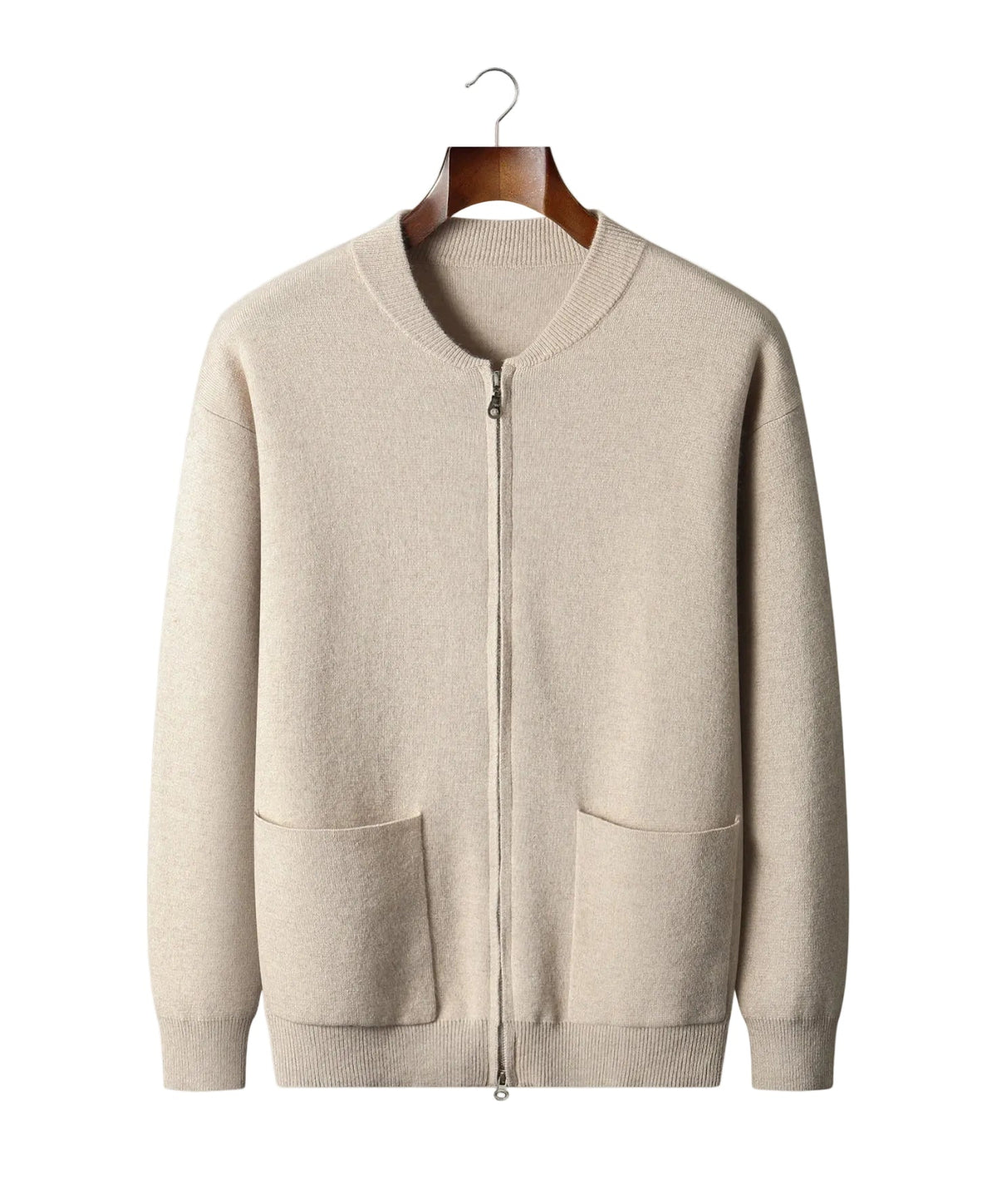 Men's light beige zip-up cardigan merino wool sweater with a crew neck, ribbed cuffs and hem, and two front patch pockets.