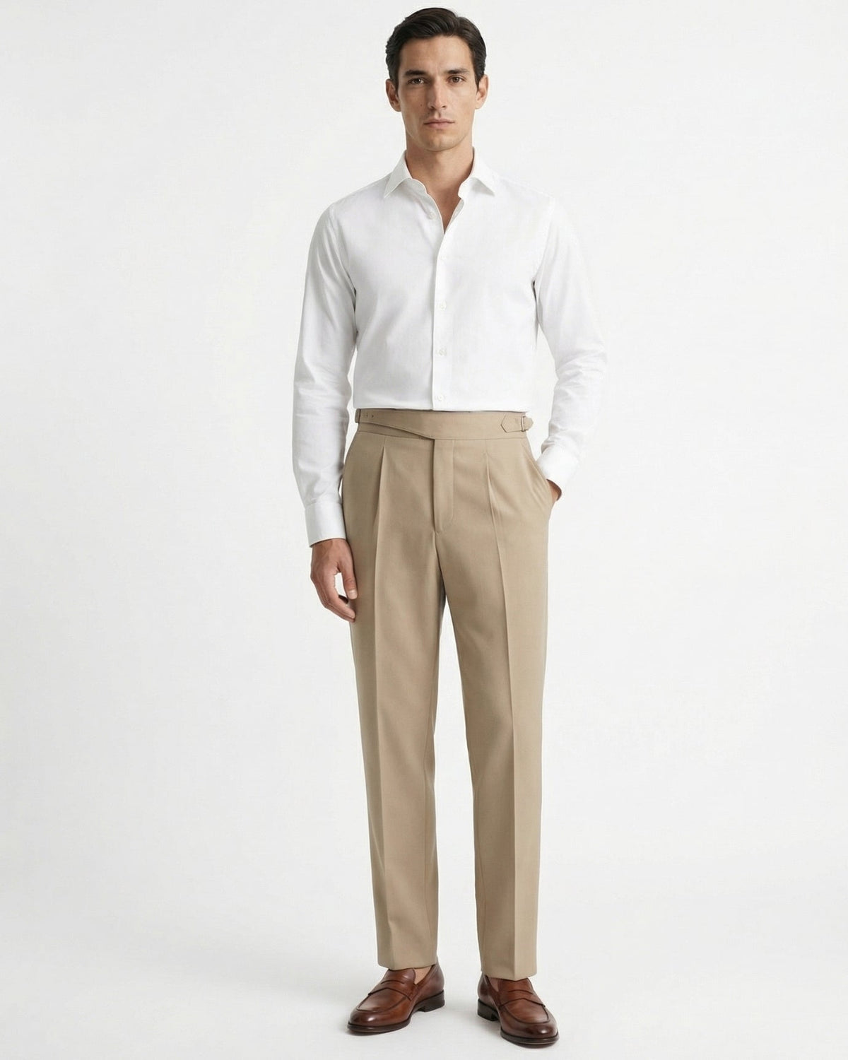 Men's beige gurkha waistband double pleated cotton trousers