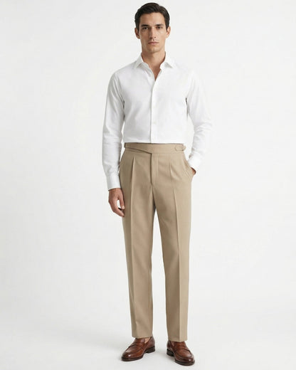 Men's beige gurkha waistband double pleated cotton trousers