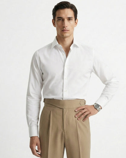 Men's beige gurkha waistband double pleated cotton trousers