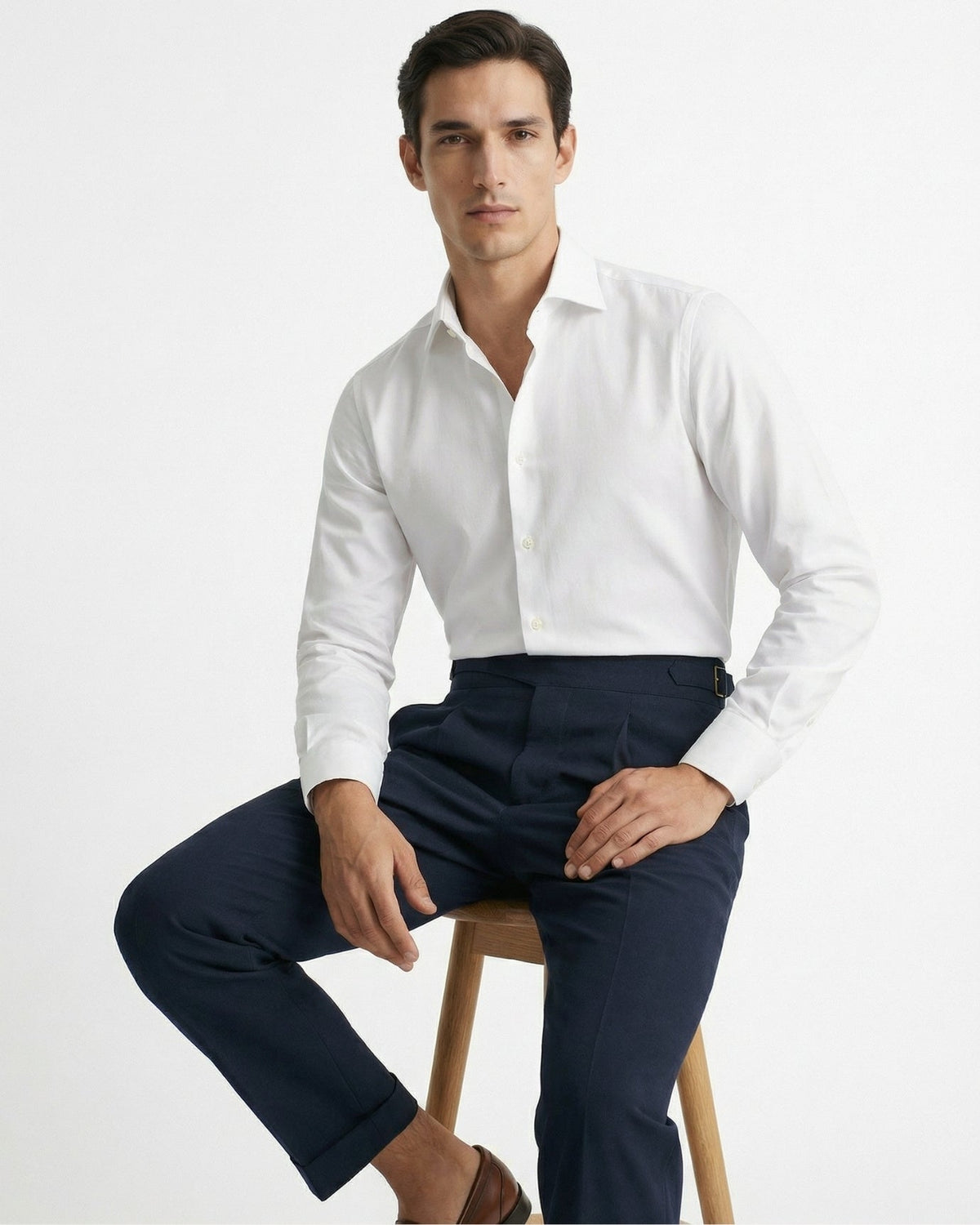 Men's navy blue gurkha waistband double pleated cotton trousers
