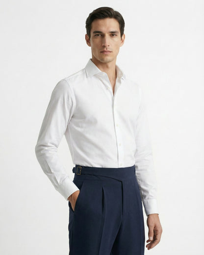Men's navy blue gurkha waistband double pleated cotton trousers