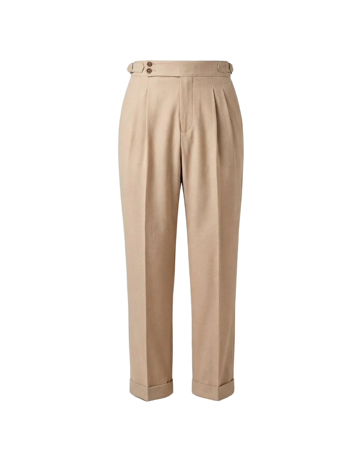 A pair of high-waisted, straight-leg trousers in a light beige, featuring a matching fabric belt with two decorative buttons on the front waistband, shown against a plain white background.
