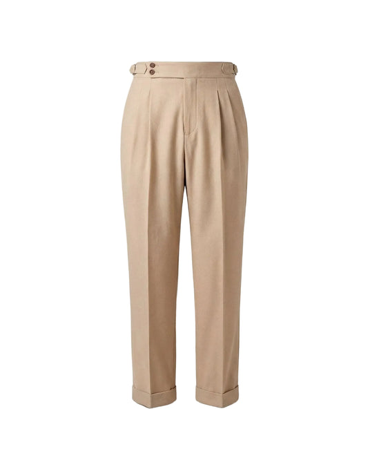 A pair of high-waisted, straight-leg trousers in a light beige, featuring a matching fabric belt with two decorative buttons on the front waistband, shown against a plain white background.