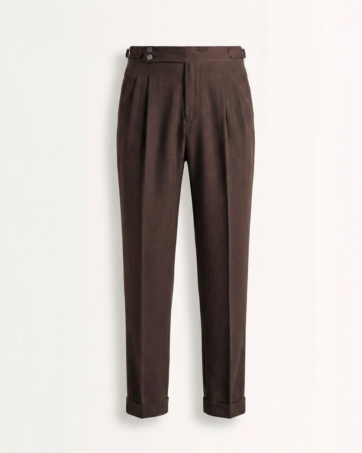 Tailored brown double pleated high waisted trousers with side adjusters and cuffed hem front view