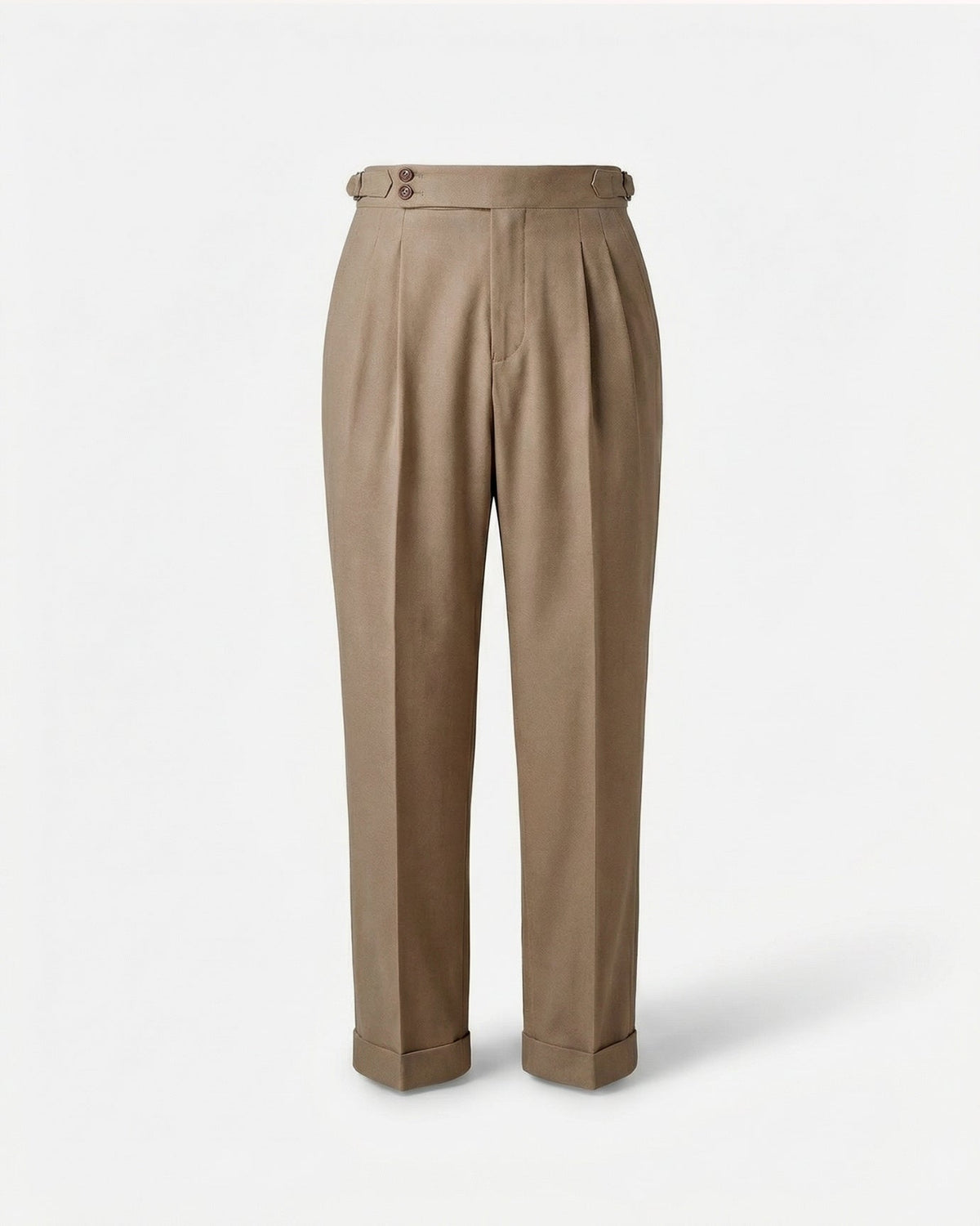 Tailored beige double pleated high waisted trousers with side adjusters and cuffed hem front view