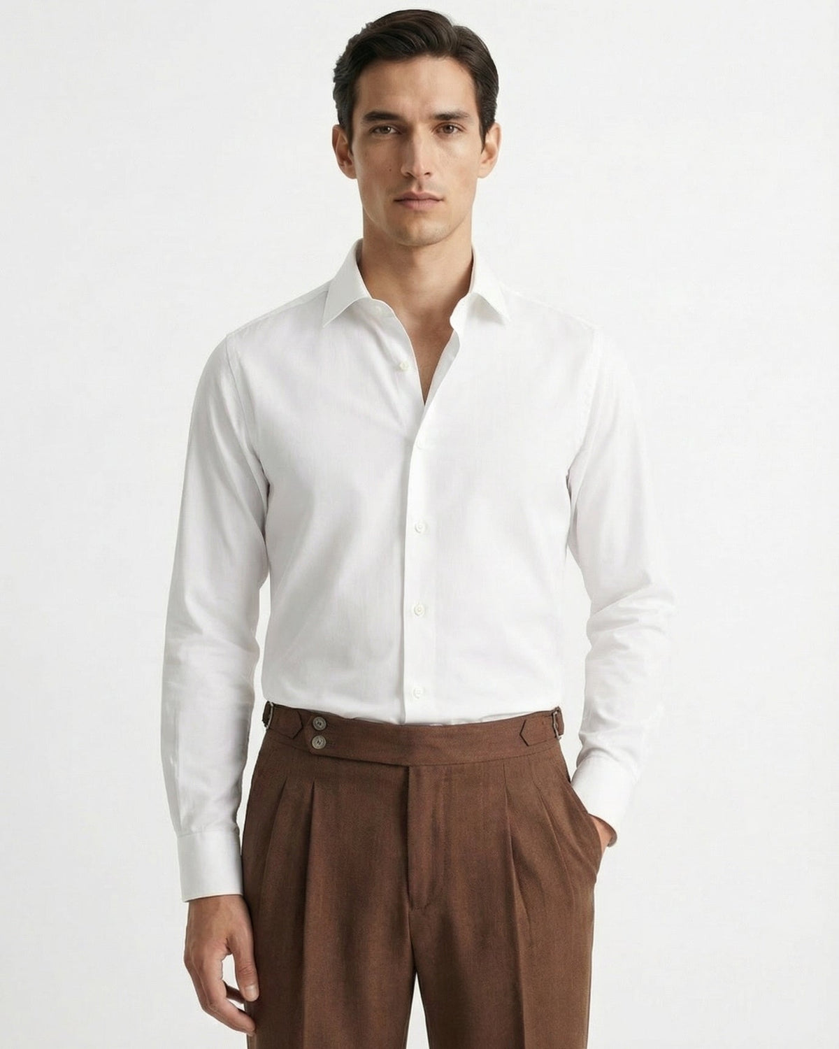 Men's tailored brown double pleated high waisted trousers with side adjusters and cuffed hem front view