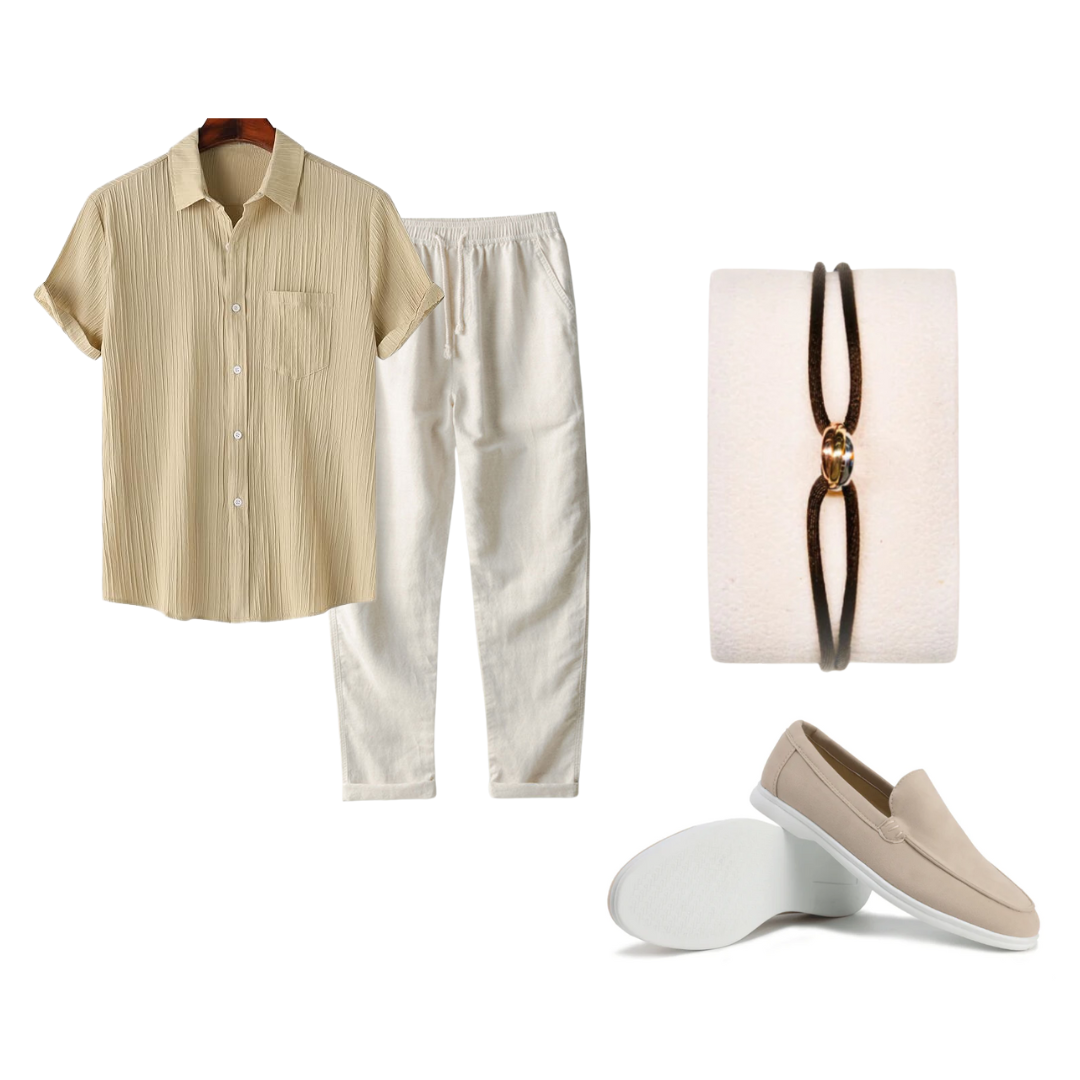 Collage of clothing and accessories including a shirt, pants, loafer shoes, and jewelry on a white background.