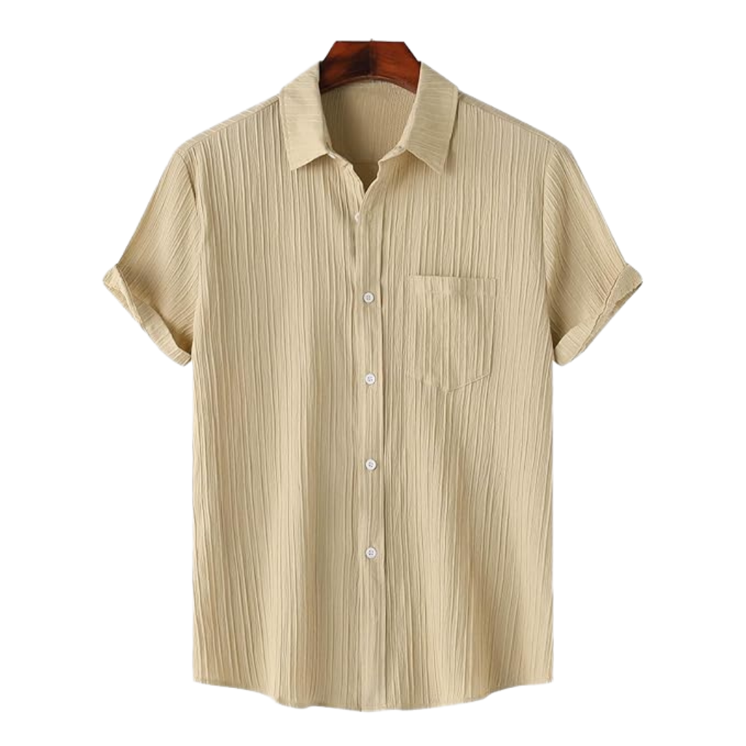 Beige striped shirt on a hanger with a white background