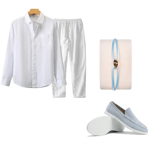 White linen set with a bracelet and loafers on a white background