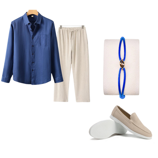 Collage of linen set, bracelet, and loafers on a white background