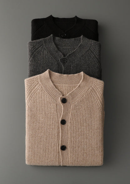 Pure Extra-Fine Merino Wool Ribbed Classic Button Cardigan