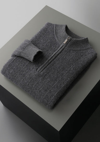 Pure Extra-Fine Merino Wool Herringbone Quarter Zip Sweater