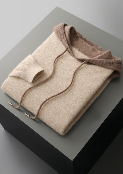 Pure Extra-Fine Merino Wool Two-Tone Leisure Hoodie