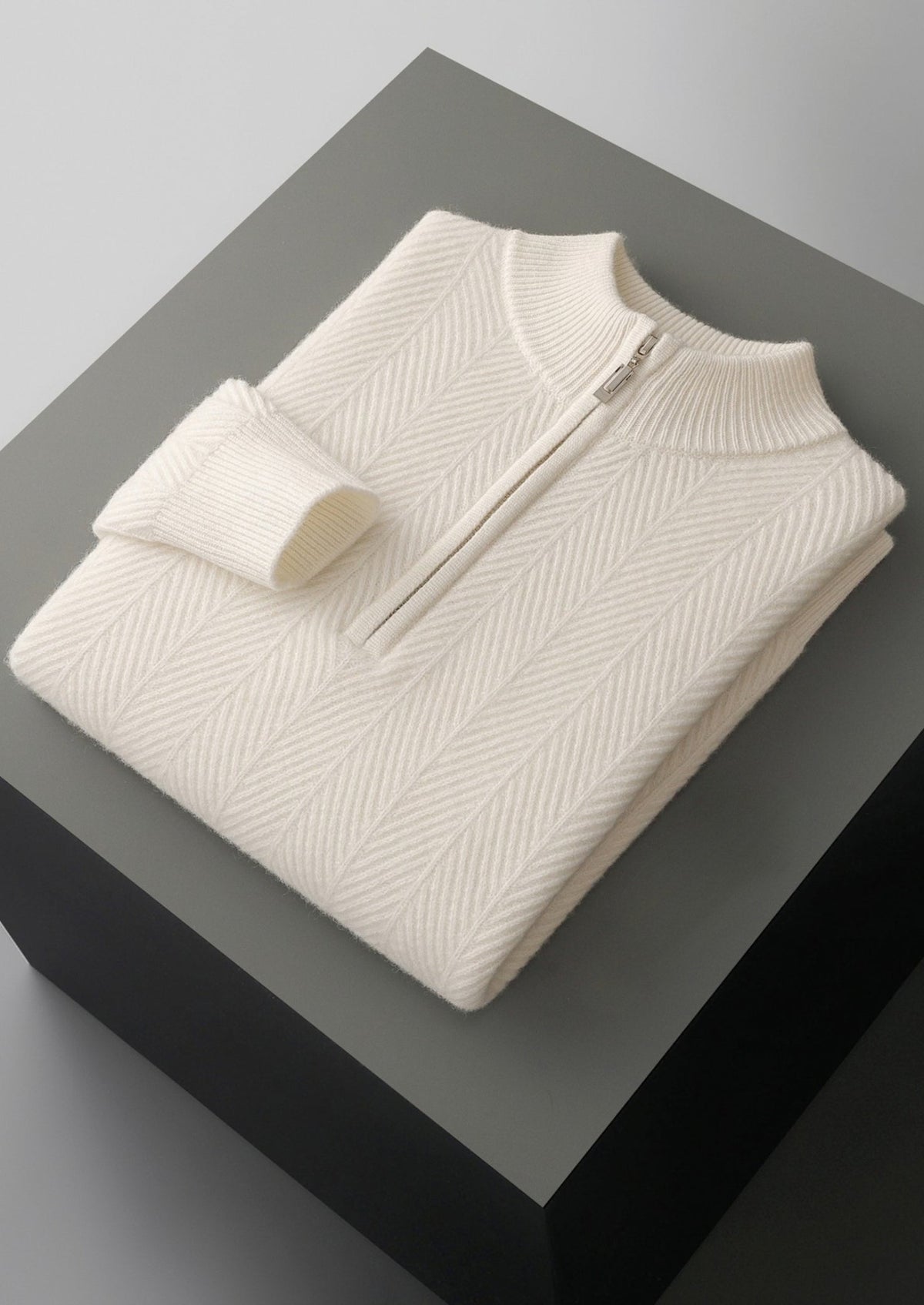 Pure Extra-Fine Merino Wool Herringbone Quarter Zip Sweater