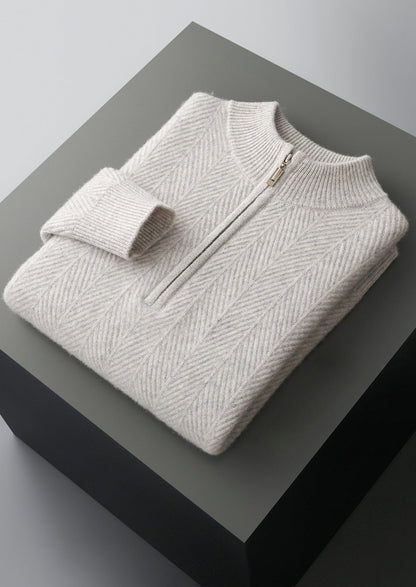 Pure Extra-Fine Merino Wool Herringbone Quarter Zip Sweater
