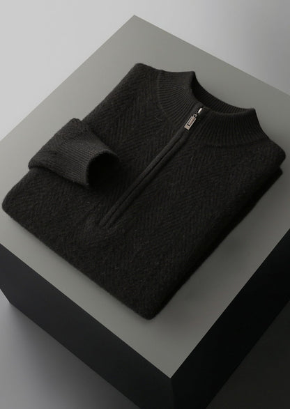 Pure Extra-Fine Merino Wool Herringbone Quarter Zip Sweater