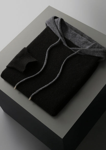 Pure Extra-Fine Merino Wool Two-Tone Leisure Hoodie