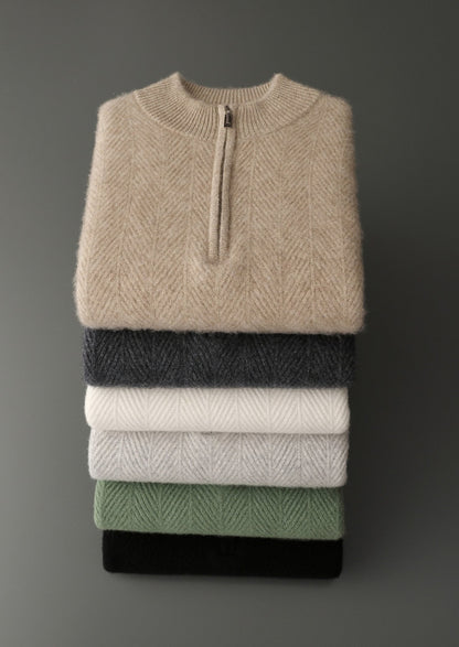 Pure Extra-Fine Merino Wool Herringbone Quarter Zip Sweater