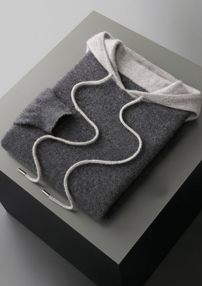 Pure Extra-Fine Merino Wool Two-Tone Leisure Hoodie