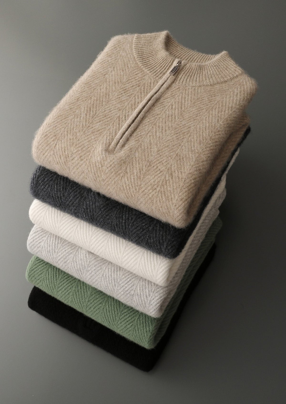 Pure Extra-Fine Merino Wool Herringbone Quarter Zip Sweater
