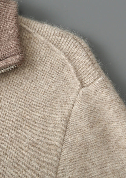 Pure Extra-Fine Merino Wool Two-Tone Funnel Neck Cardigan