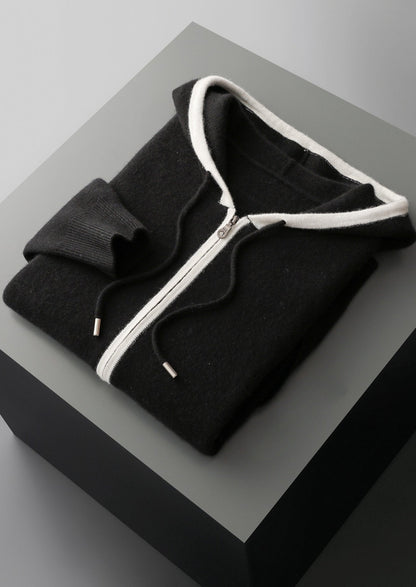 Pure Extra-Fine Merino Wool Contrast Zipper Hoodie
