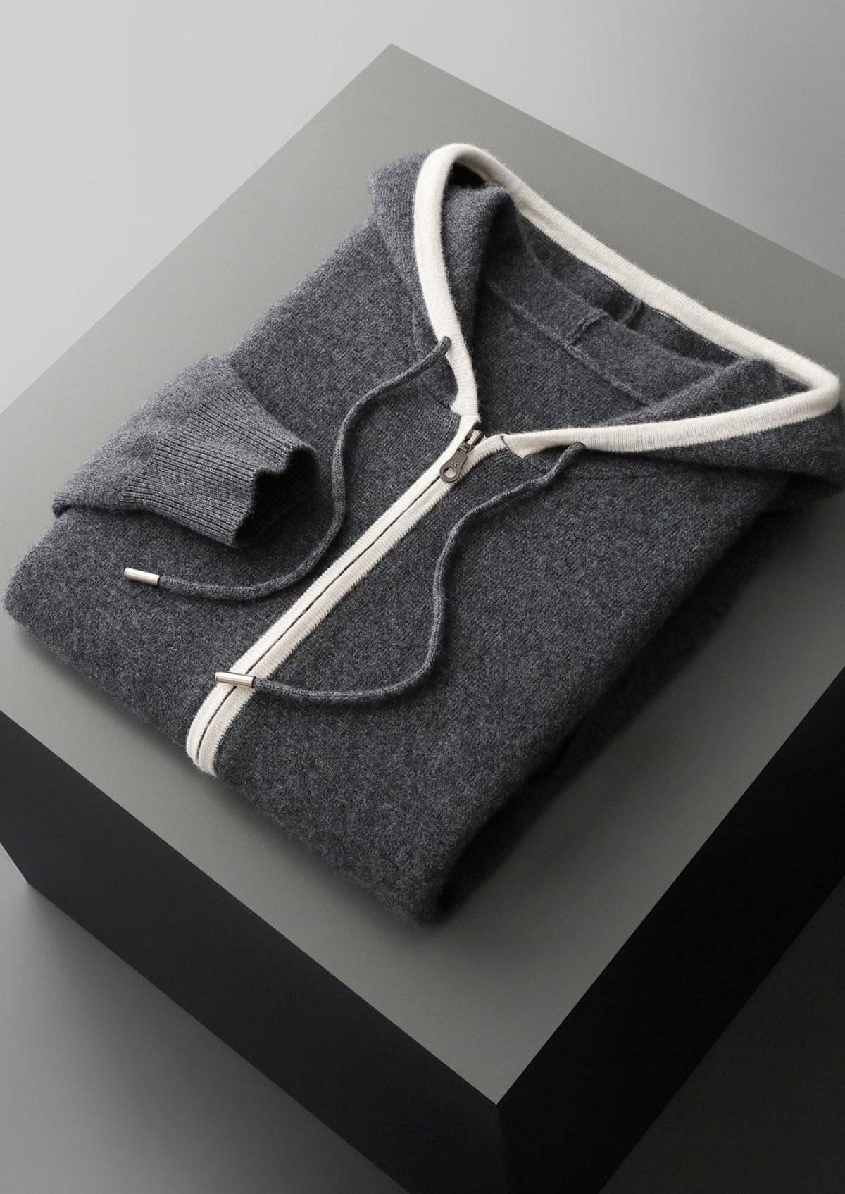 Pure Extra-Fine Merino Wool Contrast Zipper Hoodie