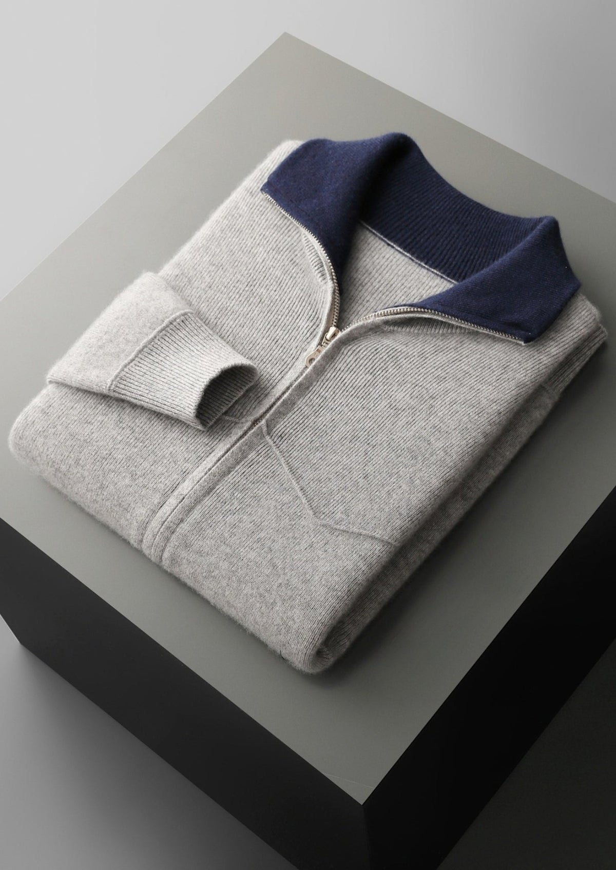 Pure Extra-Fine Merino Wool Two-Tone Funnel Neck Cardigan