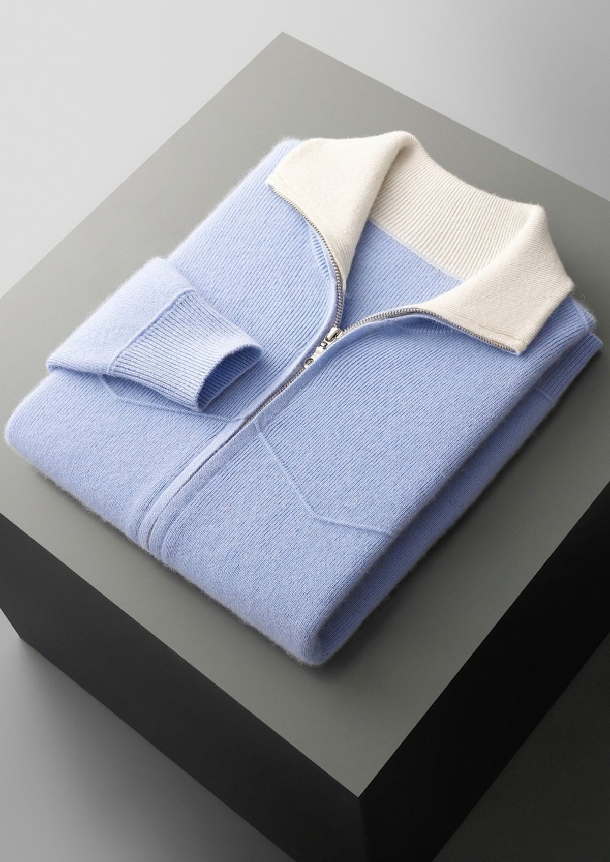 Pure Extra-Fine Merino Wool Two-Tone Funnel Neck Cardigan