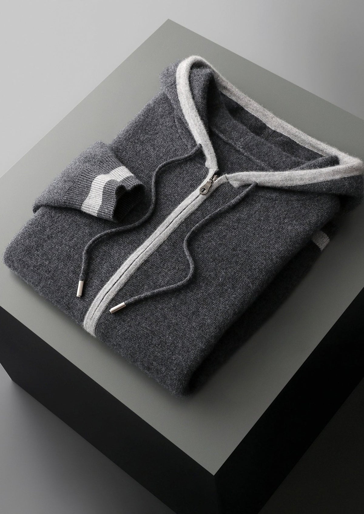 Pure Extra-Fine Merino Wool Two-Tone Zipper Hoodie