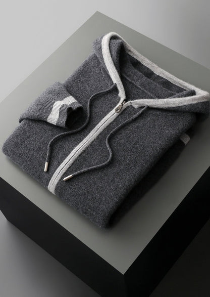 Pure Extra-Fine Merino Wool Two-Tone Zipper Hoodie