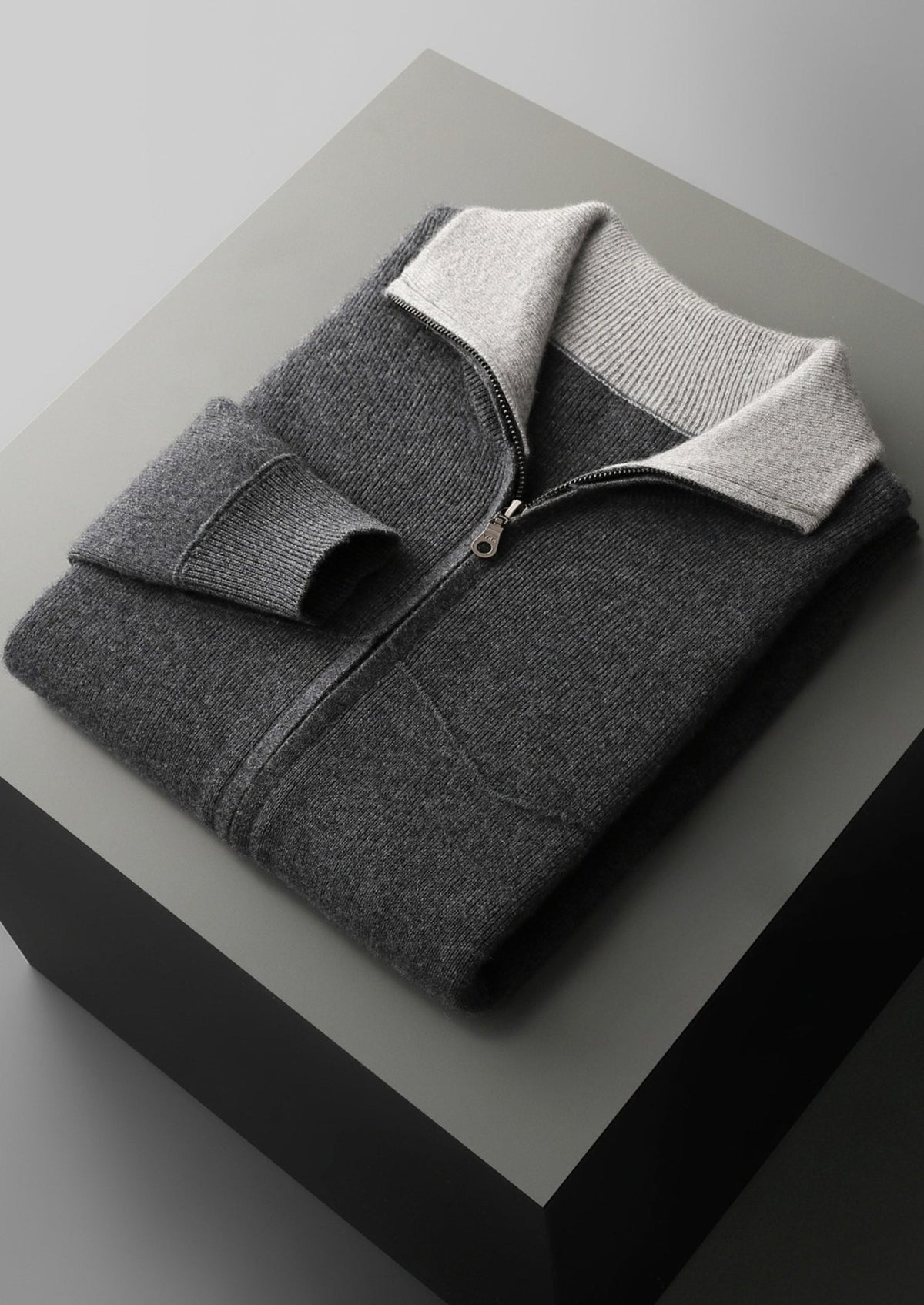 Pure Extra-Fine Merino Wool Two-Tone Funnel Neck Cardigan