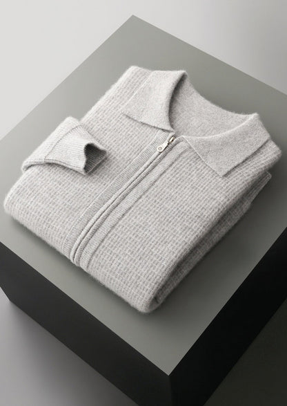Pure Extra-Fine Merino Wool Textured Zip Polo Cardigan