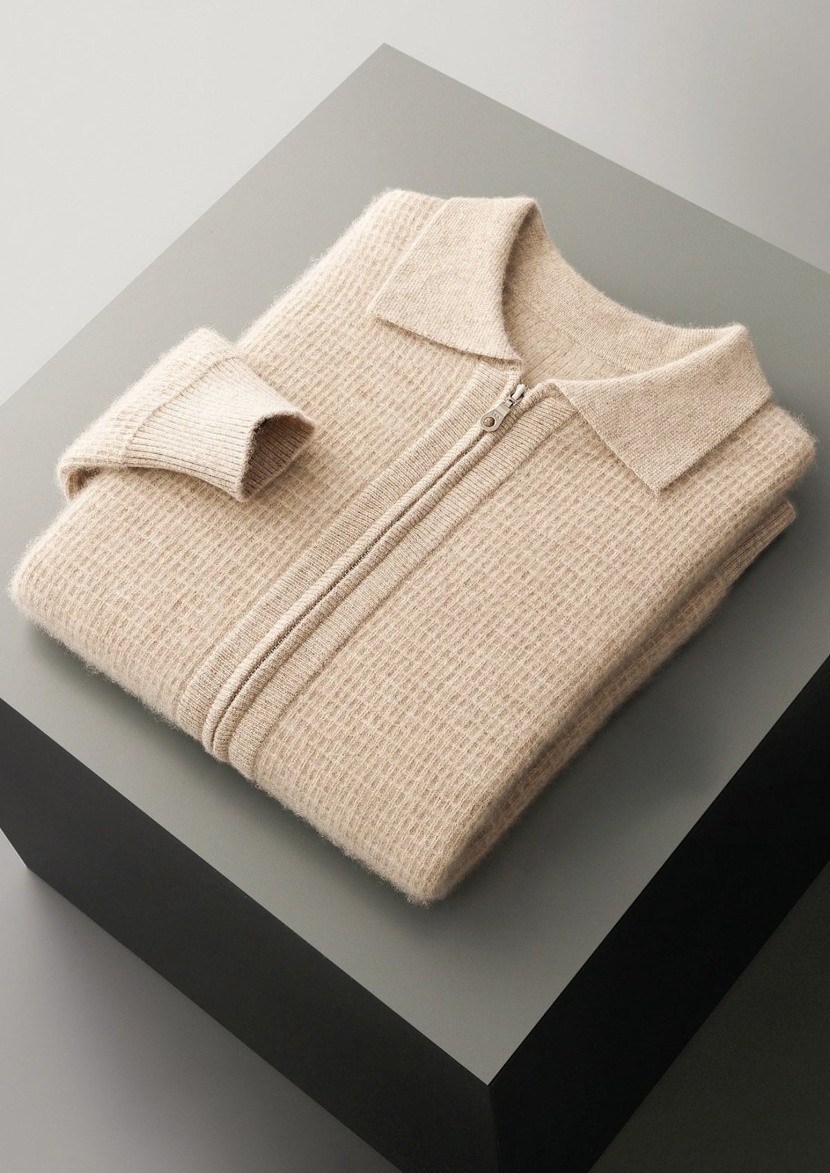 Pure Extra-Fine Merino Wool Textured Zip Polo Cardigan