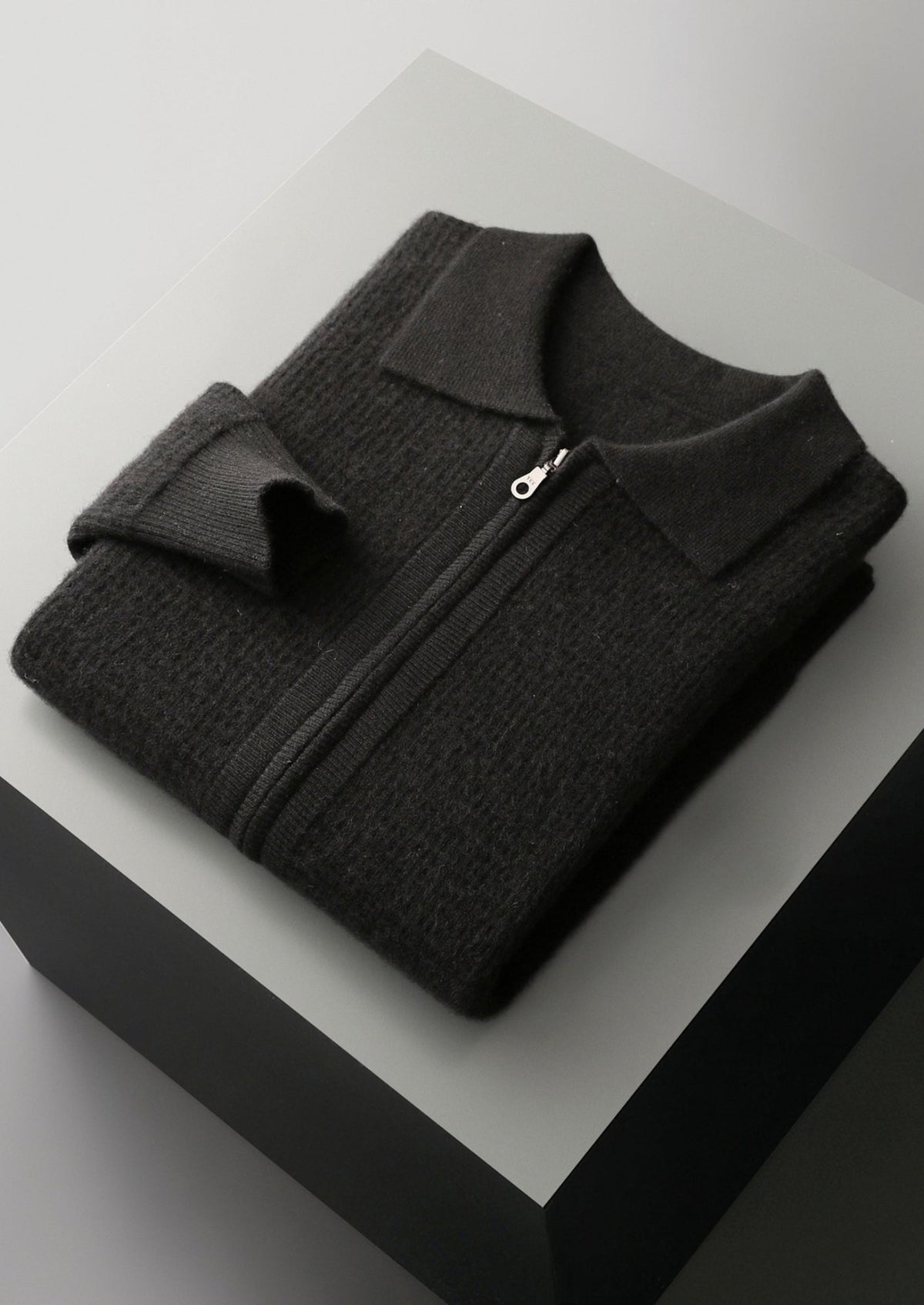 Pure Extra-Fine Merino Wool Textured Zip Polo Cardigan