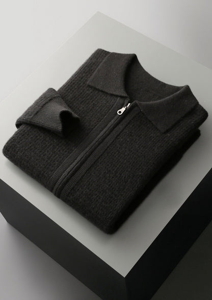 Pure Extra-Fine Merino Wool Textured Zip Polo Cardigan