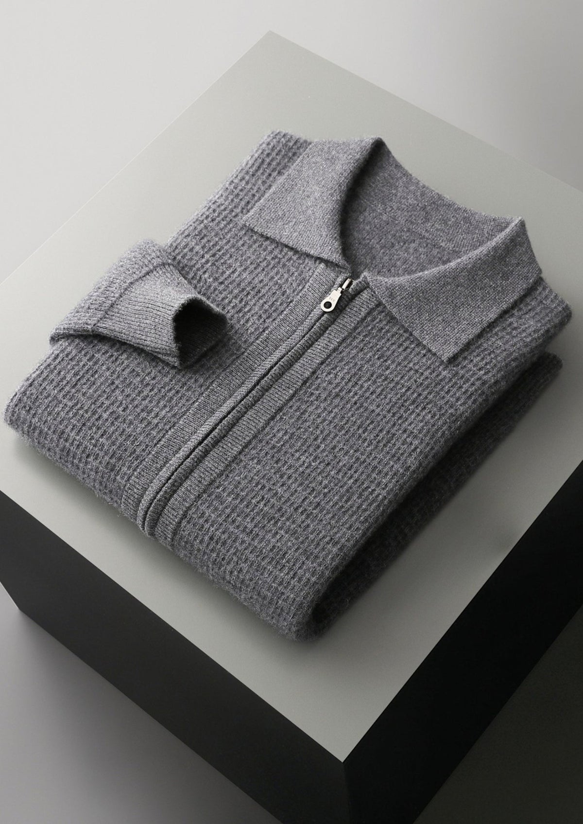 Pure Extra-Fine Merino Wool Textured Zip Polo Cardigan
