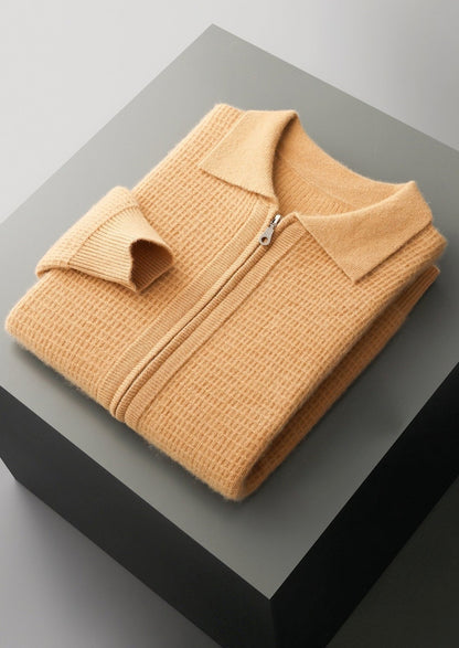 Pure Extra-Fine Merino Wool Textured Zip Polo Cardigan