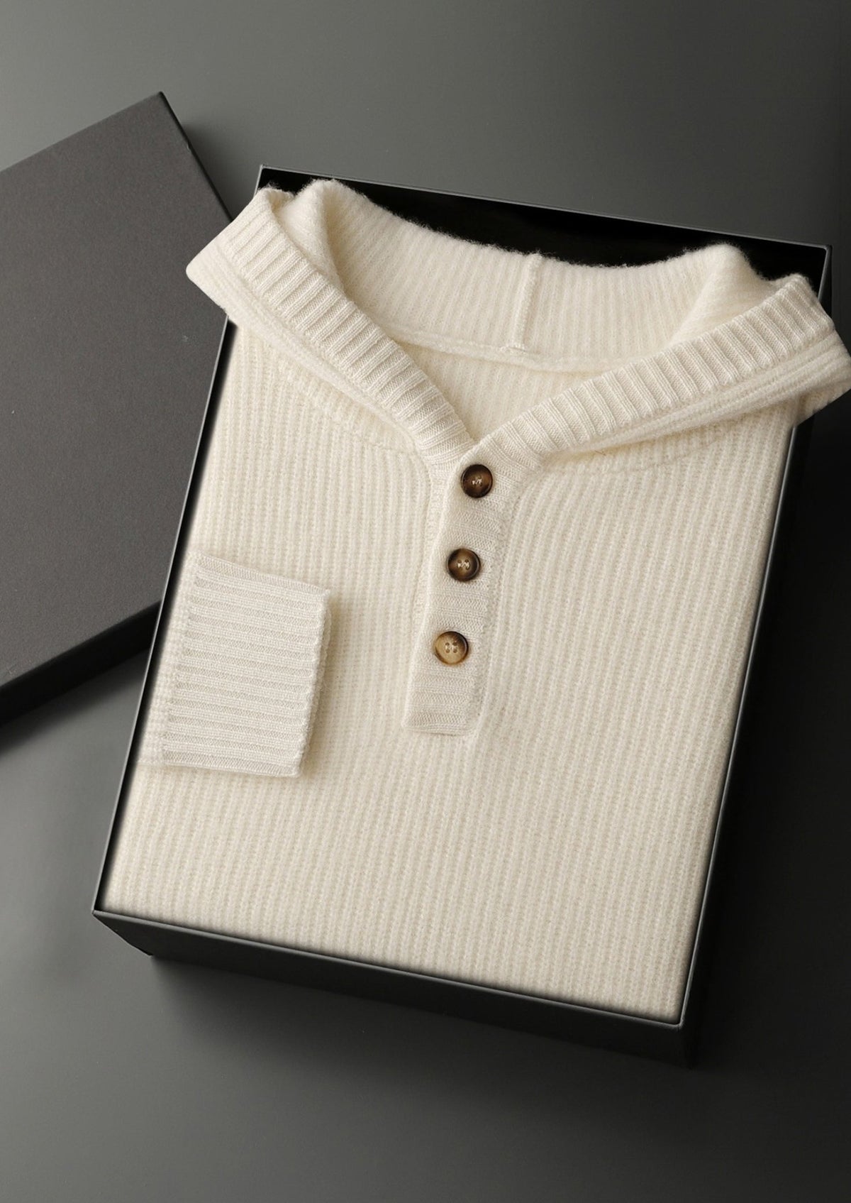 Premium Cashmere Ribbed Button-Up Hoodie