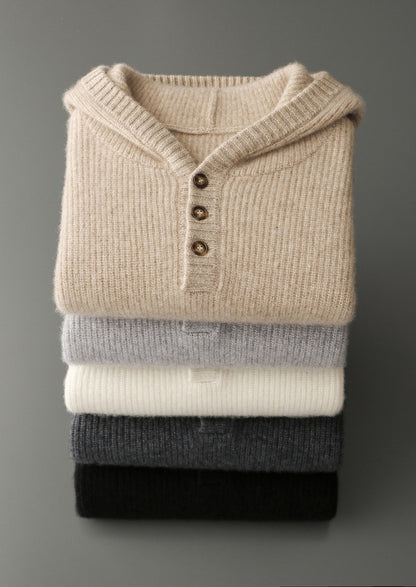 Premium Cashmere Ribbed Button-Up Hoodie