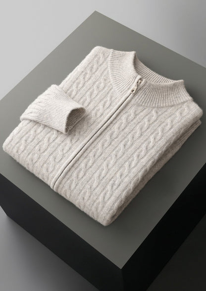 Pure Extra-Fine Merino Wool Cable Knit Zip Cardigan