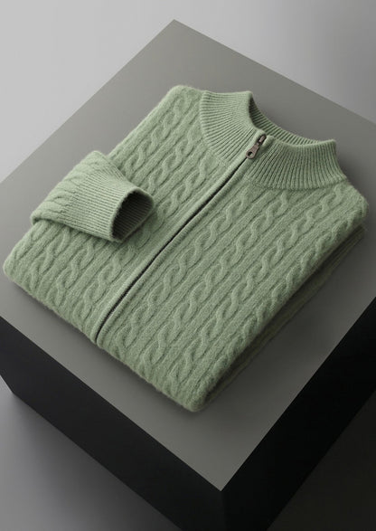 Pure Extra-Fine Merino Wool Cable Knit Zip Cardigan